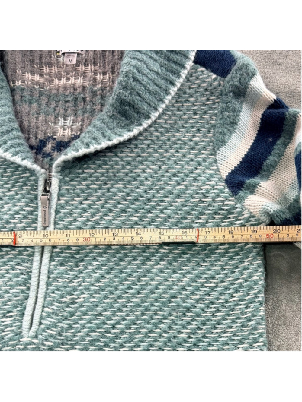 Smartwool Sweater Women’s M CHUP Wool Blend Half Zip Aztec Boho Knit Blue Green - Picture 11 of 15